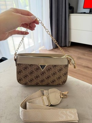 GUESS Monogram Mini Shoulder Bag Beige Logo Chain Strap Crossbody Purse