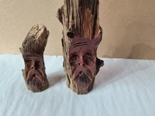 2 Hand Carved Wooden Rustic Wood Spirits Bark Gnomes Folk Art Unique Decor