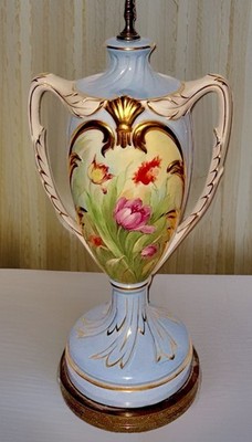 Porcelain Urn Tulip Carnation Table Lamp Artist Signed Gilt Trimmed with Handles
