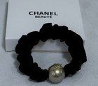 CHANEL Black Fabric Scrunchie Hair Tie with Logo Bead Accent Solid Round — photo 3