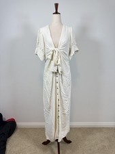 Free People Dress Womens Large Vintage Summer Midi Puff Sleeve Boho Linen Blend