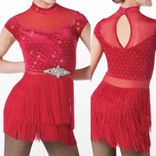 Weissman solo dance costume red velvet crystal fringe End Of Time 13009 SA