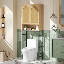 Natural Rattan Over-The-Toilet Storage Cabinet, Wood Bathroom Organizer with Met