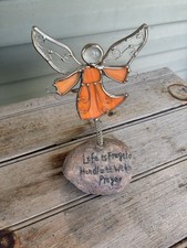 Stained Glass Angel Figurine Spring Rock Base Inspirational Quote 8"