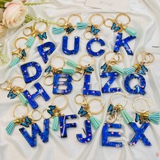 Blue Butterfly Tassel 26 Initials Keychain Fashion GlazedLetter Keyring Back