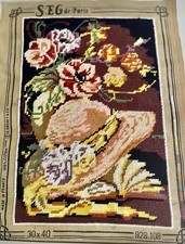 VTG SEG de Paris Completed Needlepoint Hat Floral Still Life 30x40cm France