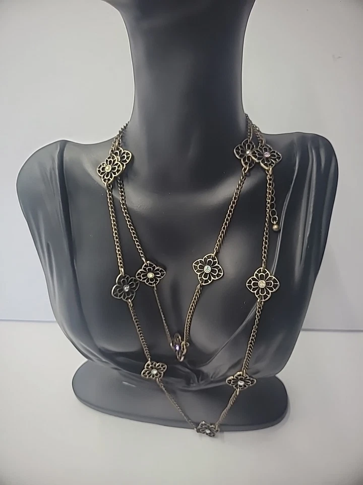 Vintage Premier Designs Necklace Flapper Gold Tone Flower Iridescent Crystal - Image 3 of 4