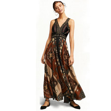 Anthropologie RAGA Sonder Embroidered Maxi Dress Size S Brown