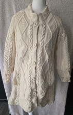 Vintage Chunky Cable Hand Knit Wool Cardigan Sweater Fisherman Handmade Ivory