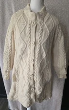 Vintage Chunky Cable Hand Knit Wool Cardigan Sweater Fisherman Handmade Ivory