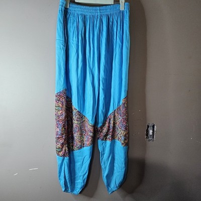 Rhea Women's Blue Multicolor Paisley Panel Harem Pants Elastic Waist