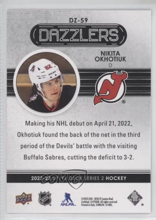 2022 Upper Deck Series 2 Dazzlers Red Nikita Okhotyuk Okhotiuk #DZ-59 Rookie RC - Image 2 of 2