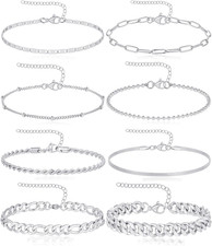 8Pcs Ankle Bracelets for Women Stainless Steel Waterproof Layered Cuban Figaro L