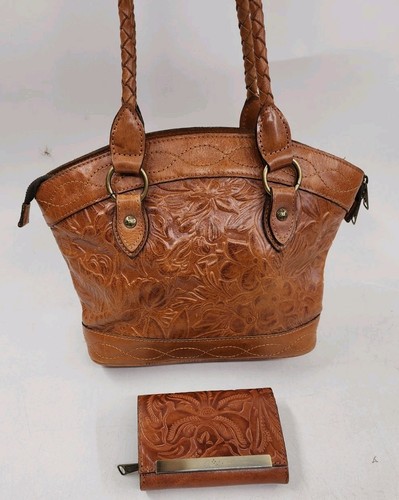 Patricia Nash Tan Leather Floral Tooled Woven Handle Shoulder Bag With Wallet