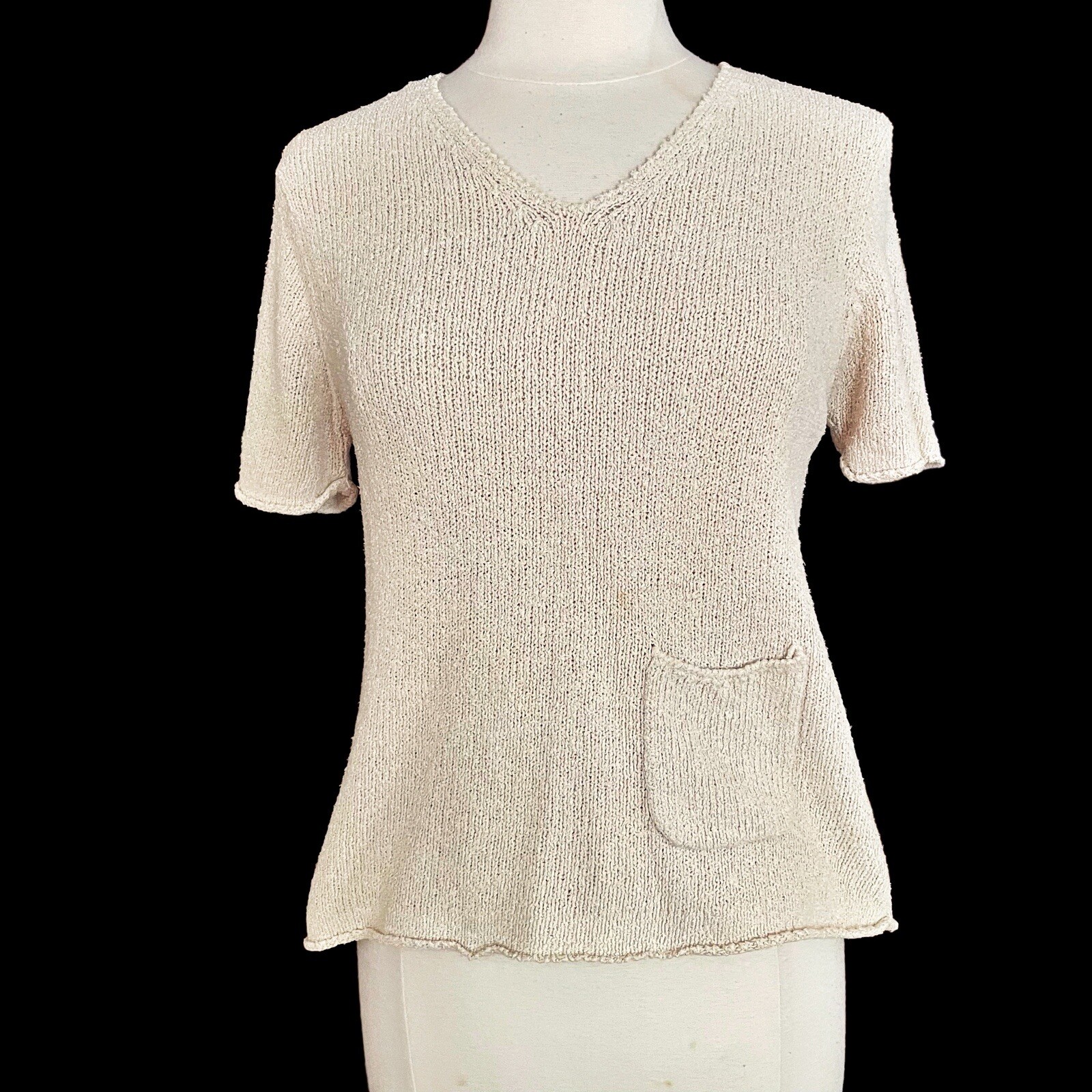 J Jill Linen and silk Nubby Knit Sweater Sz S Ivory V Neck Short Sleeves Pocket