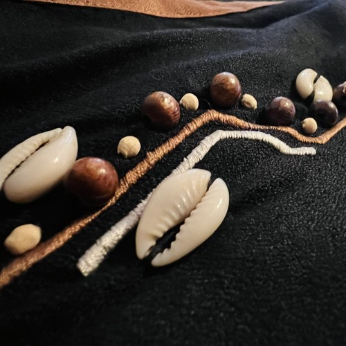 African Vintage Black Long Cardigan Vest Shell & Beaded Embroidery - Picture 6 of 8
