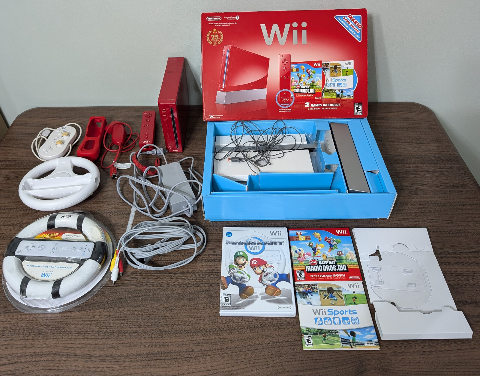 Red Nintendo Wii w/ Cords, Controller, Wheel, Games eBay