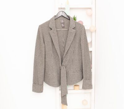 LILITH Wolljacke Gürtel Schleife grau Pepita kariert Twill Blazer Herbst...