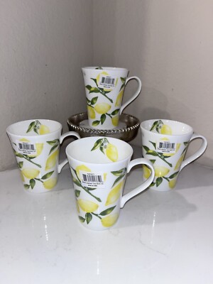 4-NWT Mikasa Lemons Designe Bone China 12 Oz Coffee Mugs