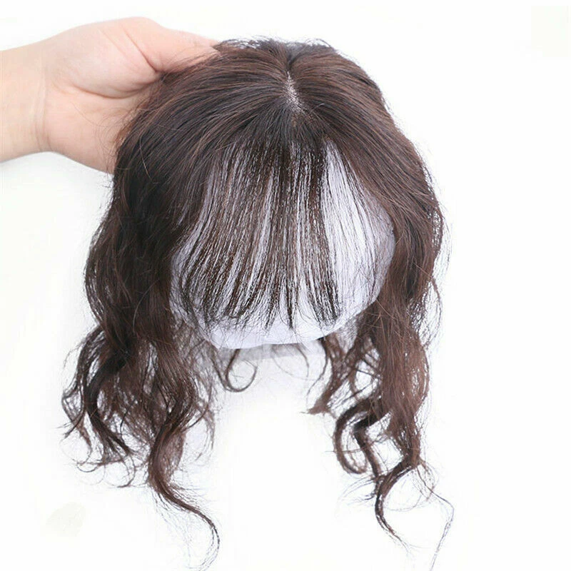 Woman Wavy Curly Hairpiece Clip In Real Human Hair Top Topper Toupee With Bangs - Image 4 of 4