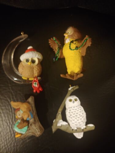 Hallmark owl Ornaments. Lot Of 4. On Branch, On Acrylic moon, Holding light.