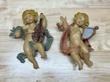 Cherub Angels Made in Italy Playing Harp Cello Wall Hanging Lot Of 2