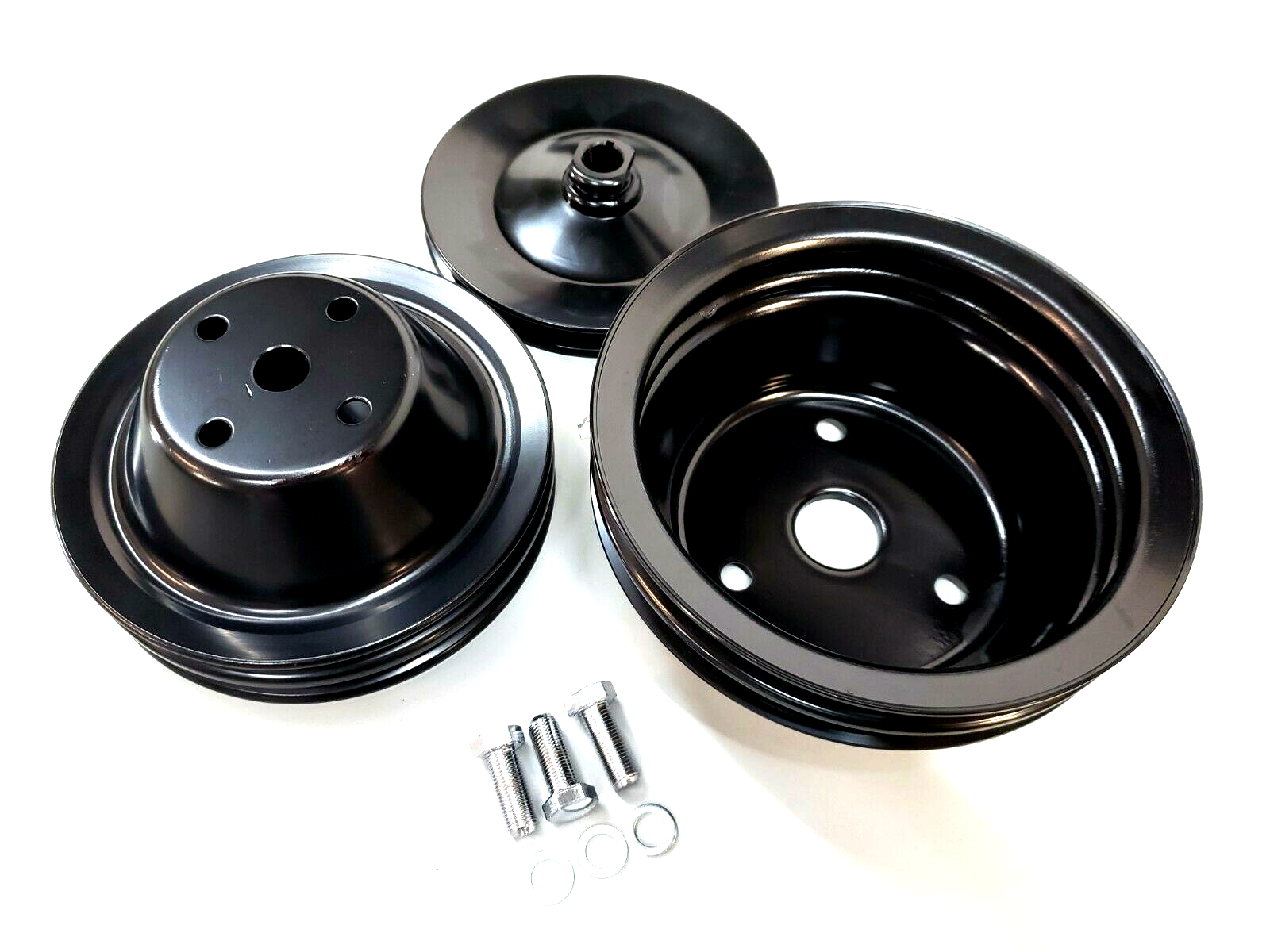 SBC Small Block Chevy 2 Groove Black Steel Long Water Pump Pulley Kit