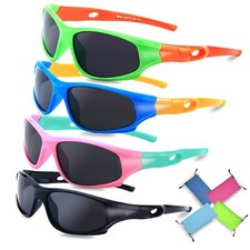 4Pack Kids Sunglasses Polarized, Wrap Around Kids Baseball Sunglasses with Strap
