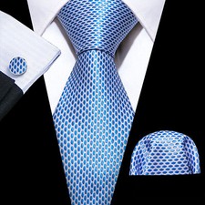 Light Blue Geometric Mens Tie Classic Necktie Pocket Square Cufflinks Set Formal