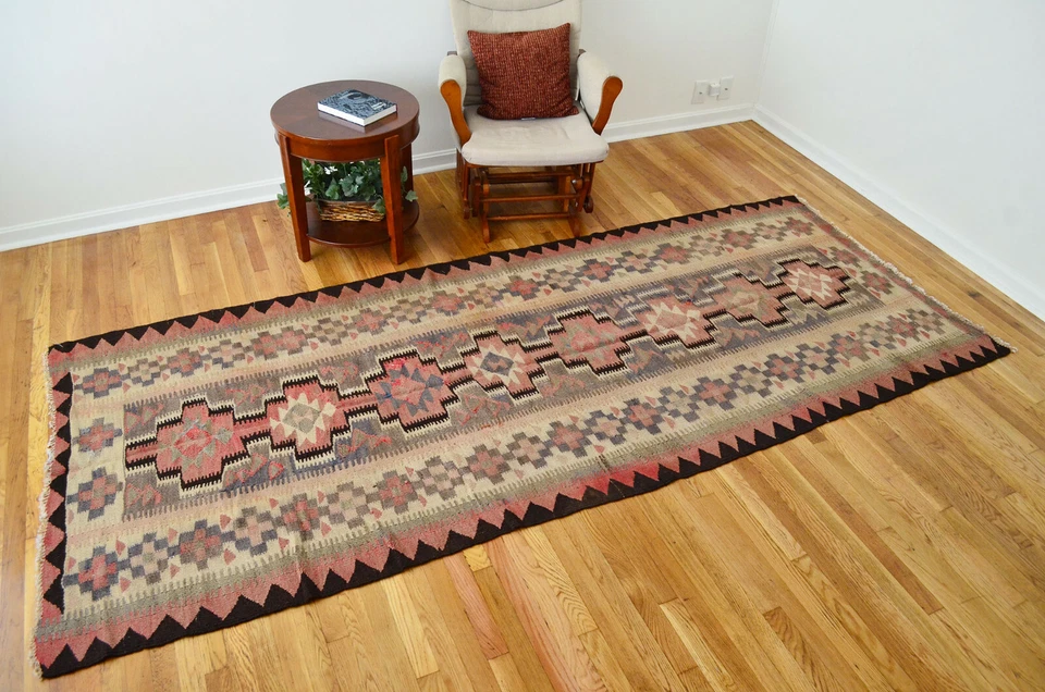 Alfombra geométrica Kilim Runner de lana tradicional hecha a mano oriental vintage 4x10 Foto 2 de 4