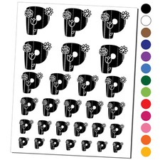 Sweet and Cute Flowers Rounded Block Letter P Temporary Tattoo Set