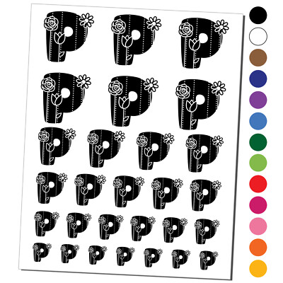 Sweet and Cute Flowers Rounded Block Letter P Temporary Tattoo Set