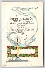 Christmas~Candle Smoke Wafts Around Friendly Hearts Poem~Art Deco~Emboss~Vtg PC
