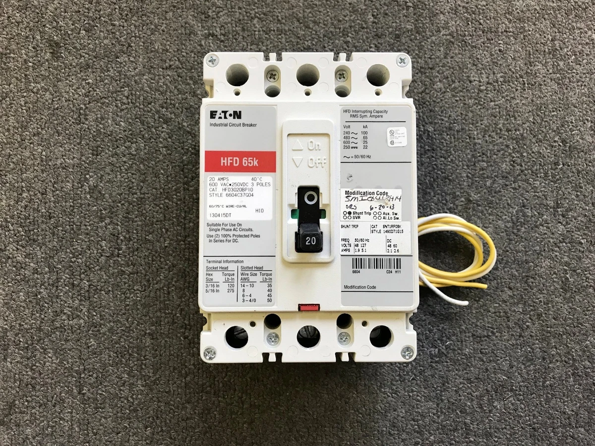 EATON CUTLER HAMMER CIRCUIT BREAKER 20 AMP 600V 3 POLE HFD3020BP10  SNT1RP08K | eBay