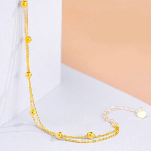 Solid 18k Gold Double Layer Chain Bracelet 2.5mm Bead Heart Charm Jewelry - Picture 7 of 11