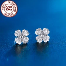Solid 925 Sterling Silver Cubic Zirconia White Flower CZ Stud Earrings for Women