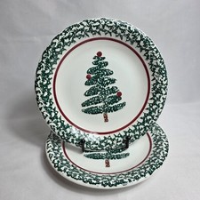 TWO Furio Christmas Tree Salad Plates Green Sponge Tree  Edge Made in Italy
