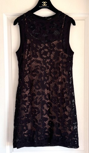 NEW CHANEL 22P BLACK VISCOSE KNIT LACE BEIGE MINI DRESS 36 - Picture 4 of 16