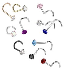 18G 20G Prong Set CZ Nose Stud Screw Ring Titanium Corkscrew Nostril Piercing