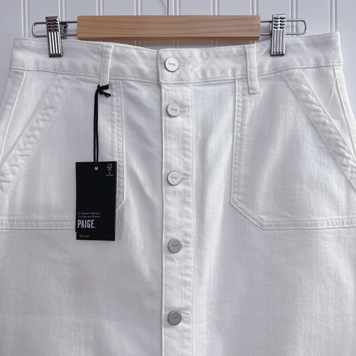 Paige Meadow Utility Patch Pockets Midi Denim Skirt In Ivory NWT Size 30/ US L - Picture 10 of 15