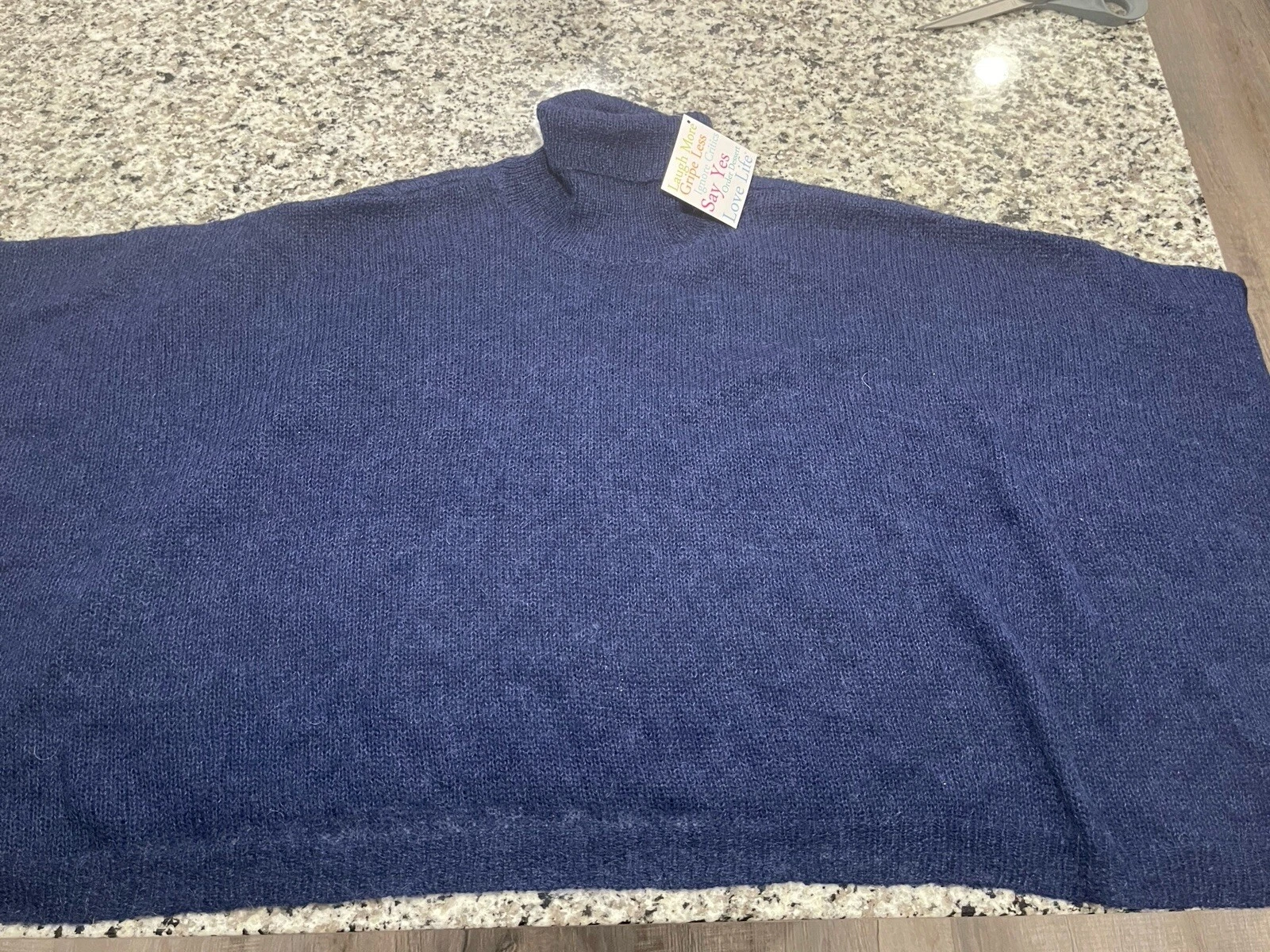 Gretchen Scott Poncho Cape One Size Turtleneck Batwing Blue Wool Mohair Blend