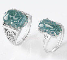 Certified Grade A Natural Ice Green Blue water Jade Jadeite Pixiu Ring Gift 925s