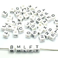 60 White with Black Assorted Alphabet Letter Cube Pony Beads 9X9mm