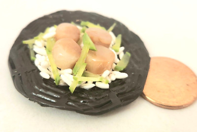 1pc. Scallop Dinner with Vegetable Fried Rice on a Black Plate (Dollhouse Mini)