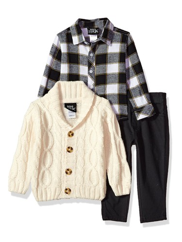 Boys Rock Infant \u0026 Toddler Boys 3-Piece Ivory Cable Knit Cardigan Plaid Shirt \u0026 Pant Set, Infant Boy's, Size: 4T, Beige