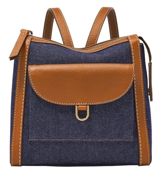Fossil Parker Mini Backpack Freizeitrucksack Rucksack Denim Blau Hellbraun Neu-image