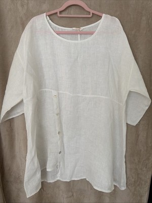 MADE IN ITALY 100% Leinen knackig weiß Oversize Strandmode Bluse Top Lagenlook