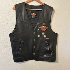 READ Harley Davidson Mens Sz L Distressed Leather Vest Snap Front Patches Pins