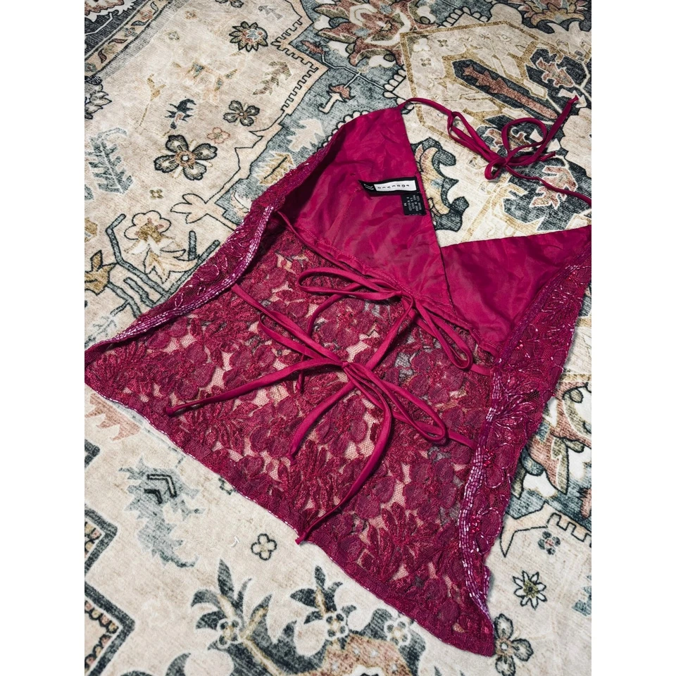 Regata vintage com miçangas à mão y2k abertura traseira amarração rosa floral média - Imagem 2 de 4