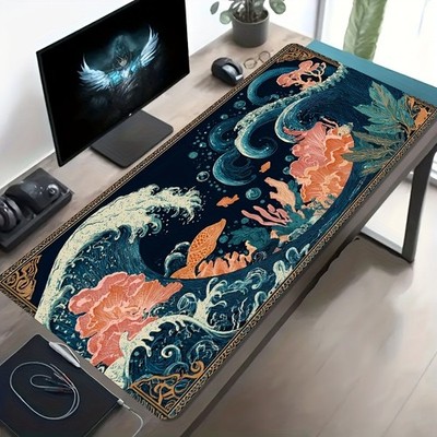A Large Gaming Mouse Pad Featuring a Wave And Coral Fish Ukiyo-E Style Art Desi